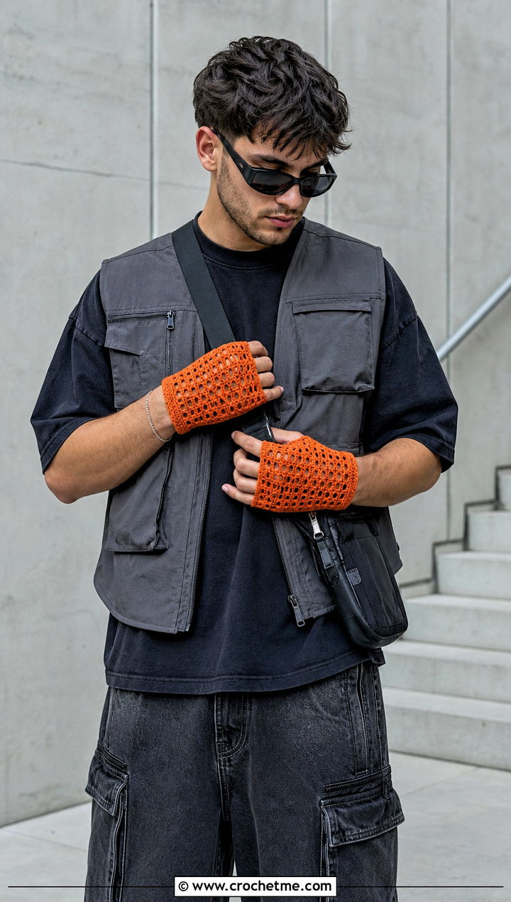 Mesh Fingerless Crochet Gloves With Streetwear Outfit - 25 men's crochet gloves outfit ideas