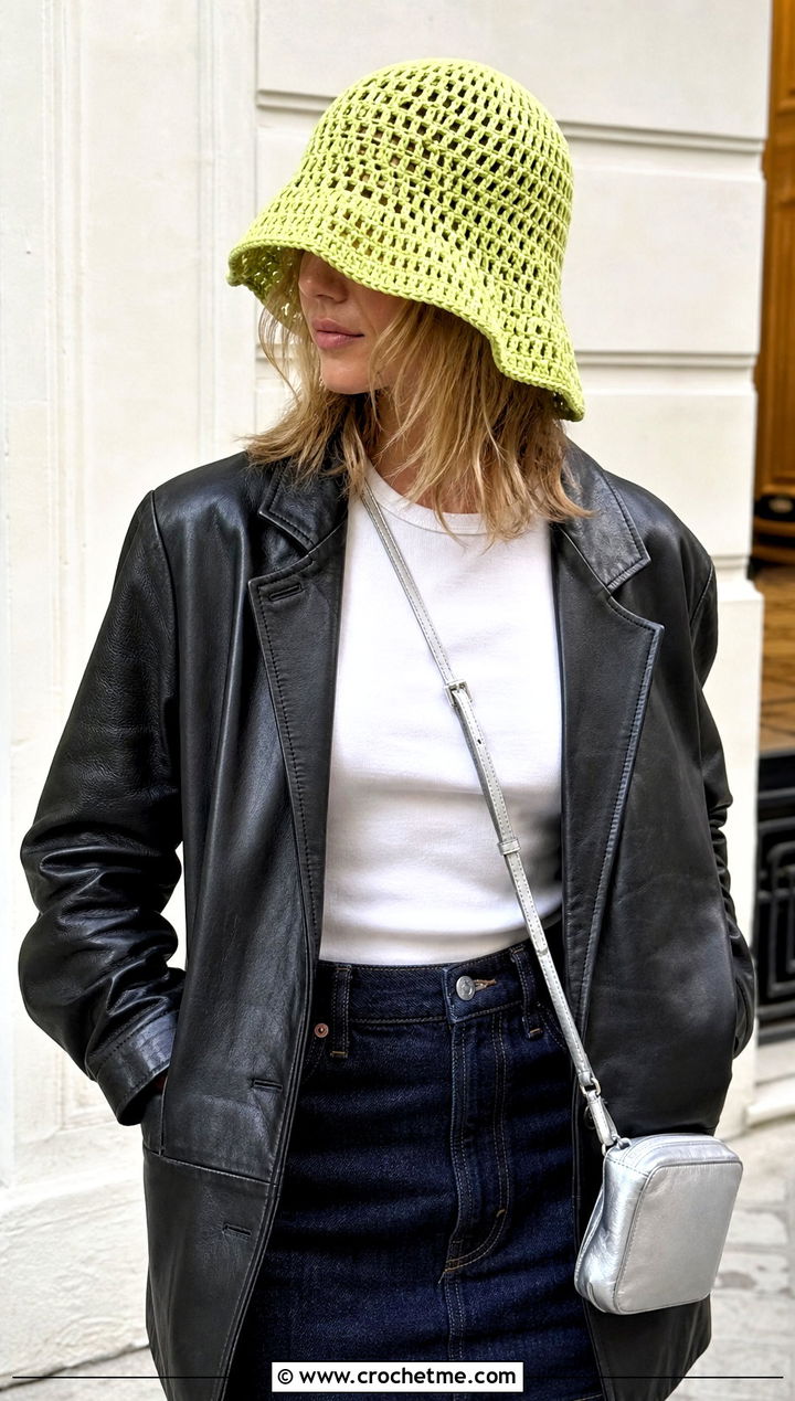 Mesh Floppy Crochet Hat With Leather Jacket - 25 floppy crochet hat outfit ideas
