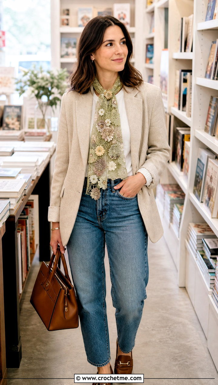 Mesh Flower Scarf With Tweed Blazer - 30 crochet scarf with flowers outfit ideas