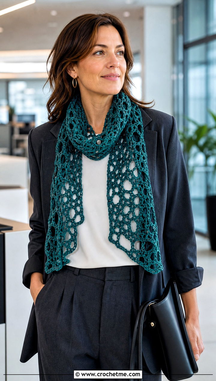Mesh Freeform Crochet Scarf With Blazer And Wide Leg Pants - 25 Freeform Crochet Scarf outfit ideas