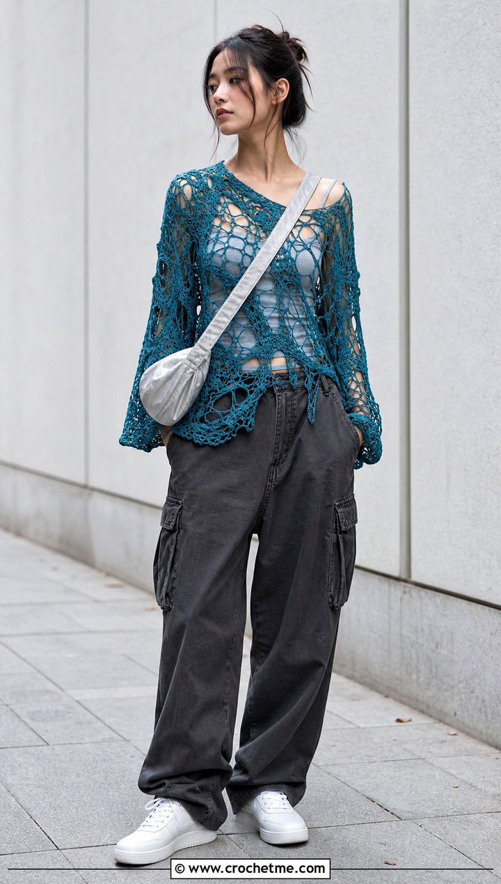 Mesh Freeform Crochet Sweater With Cargo Pants - 30 freeform crochet sweater outfit ideas