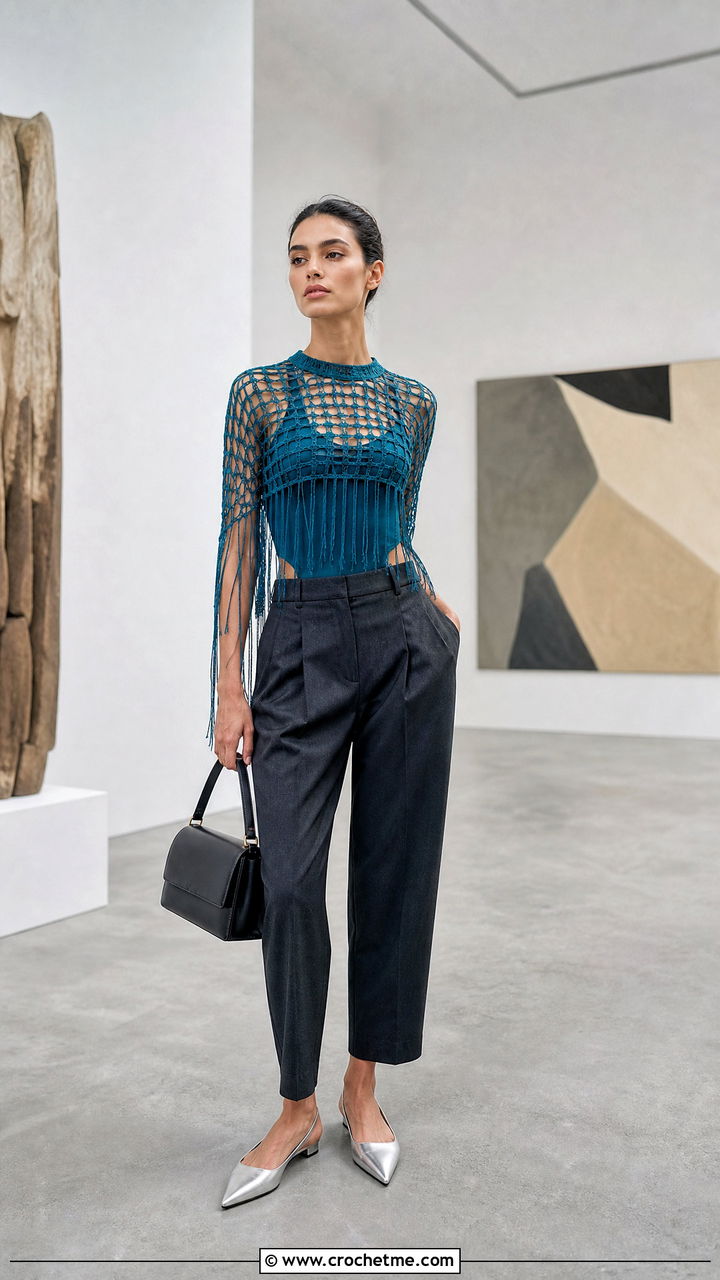 Mesh Fringe Crop Top With Tailored Trousers - 35 Crochet Fringe Top outfit ideas