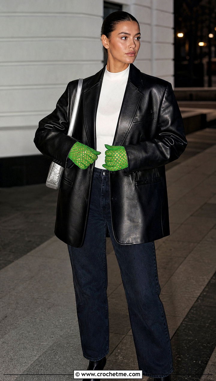 Mesh Full Finger Crochet Gloves With Leather Blazer - 15 Crochet Fingered Gloves outfit ideas