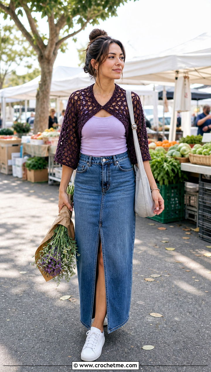 Mesh Granny Shrug With Denim Maxi Skirt - 25 Crochet Granny Shrug outfit ideas