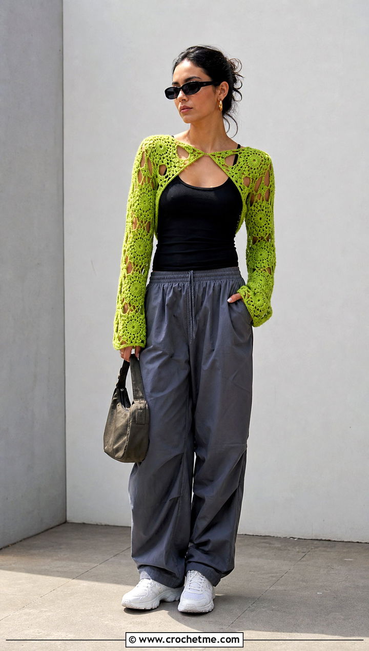 Mesh Granny Square Bolero With Parachute Pants - 35 granny square bolero outfit ideas