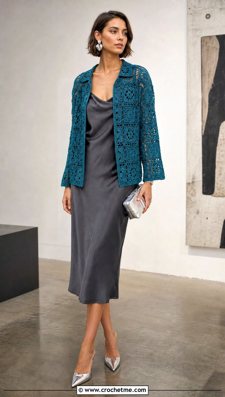 Mesh Granny Square Button Up Shirt With Satin Slip Dress - 25 Granny Square Button Up Shirt outfit ideas