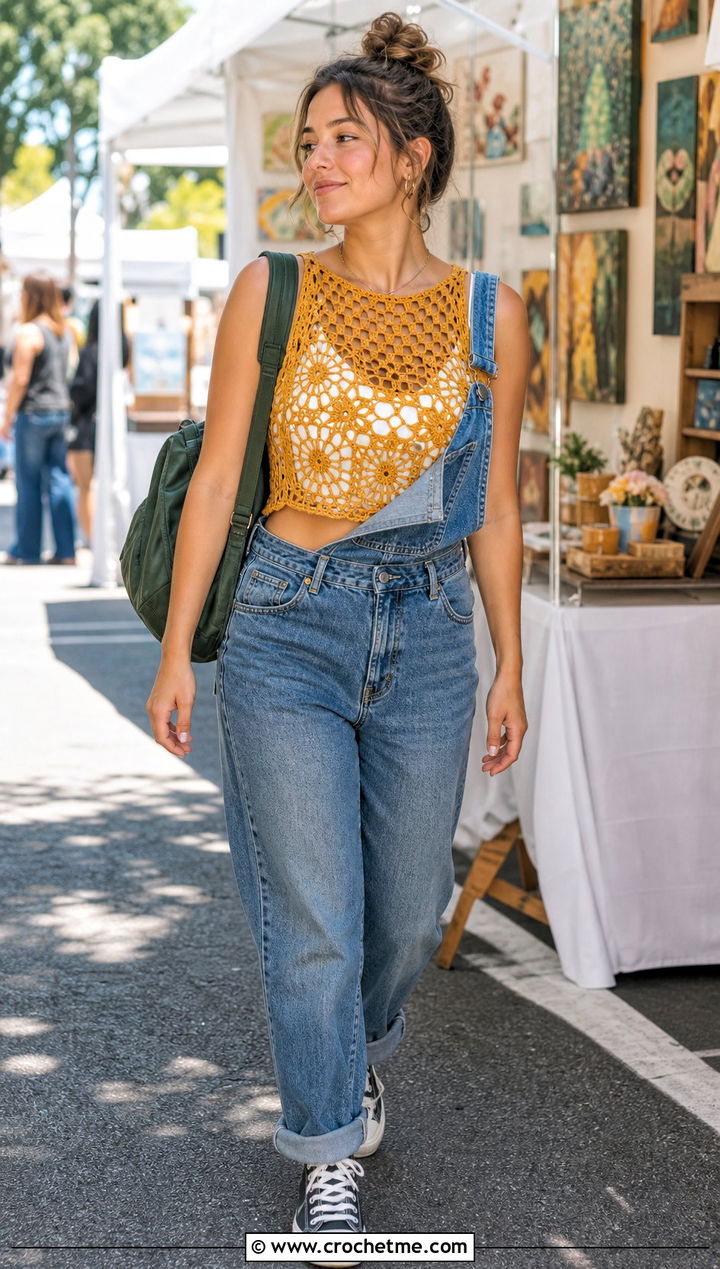 Mesh Granny Square Crochet Crop Top With Denim Overalls - 30 granny square crochet crop top outfit ideas