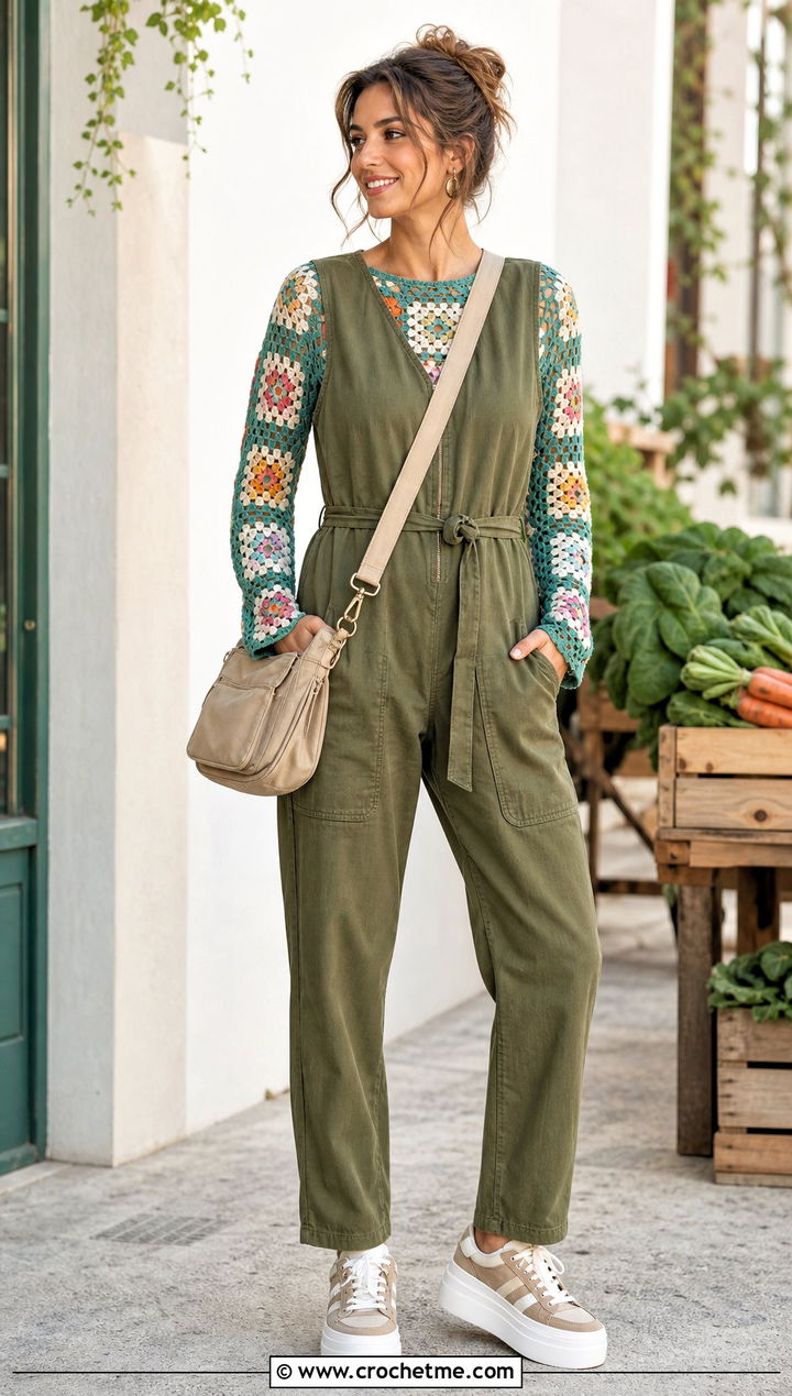 Mesh Granny Square Crochet Long Sleeve Top Under A Utility Jumpsuit - 25 Granny Square Crochet Long Sleeve Top outfit ideas