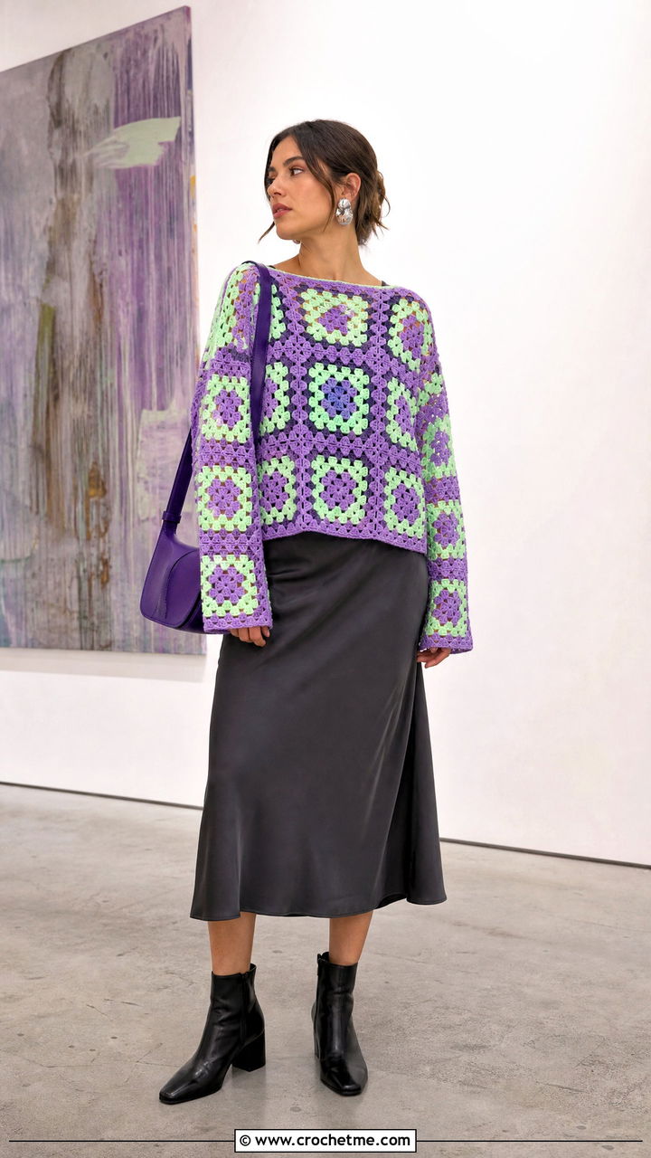 Mesh Granny Square Crochet Sweater Over A Slip Dress - 35 granny square crochet sweater outfit ideas