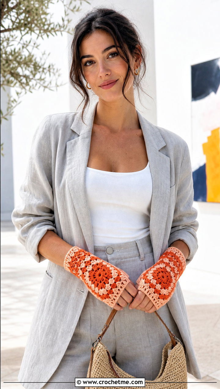 Mesh Granny Square Fingerless Gloves With Linen Suit - 30 crochet granny square fingerless gloves outfit ideas