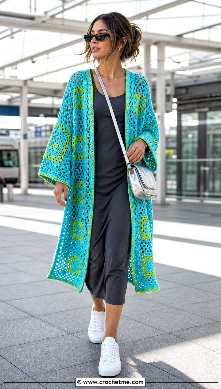 Mesh Granny Square Kimono With Tank Dress and Sneakers - 30 granny square kimono outfit ideas