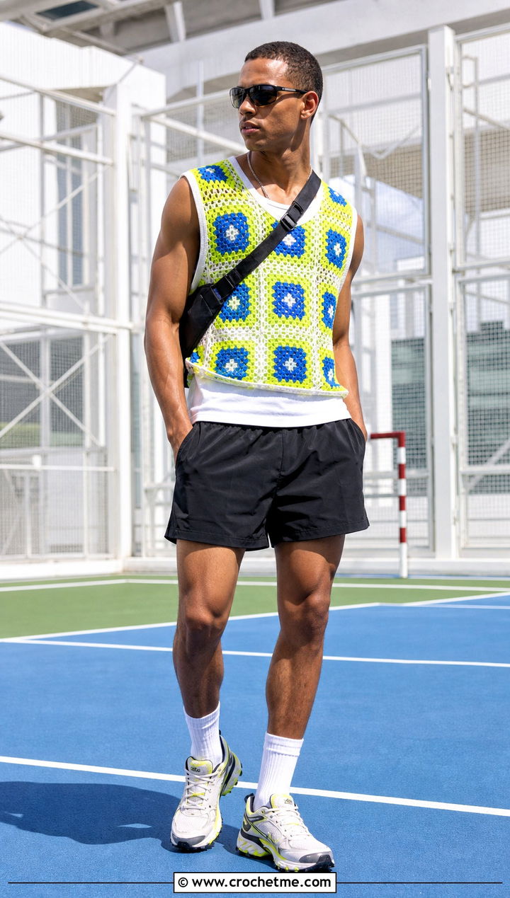 Mesh Granny Square Mens Vest With Sporty Shorts - 25 crochet granny square mens vest outfit ideas
