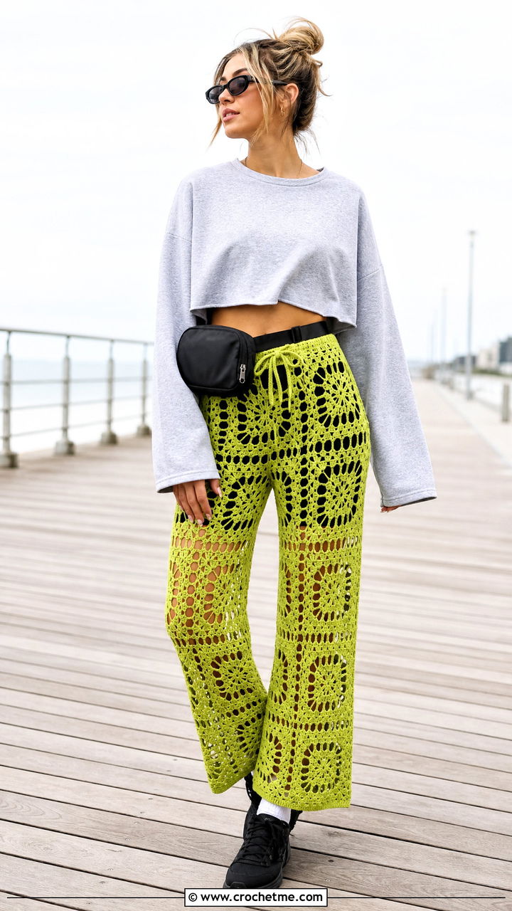 Mesh Granny Square Pants With Cropped Sweatshirt - 35 granny square pants outfit ideas