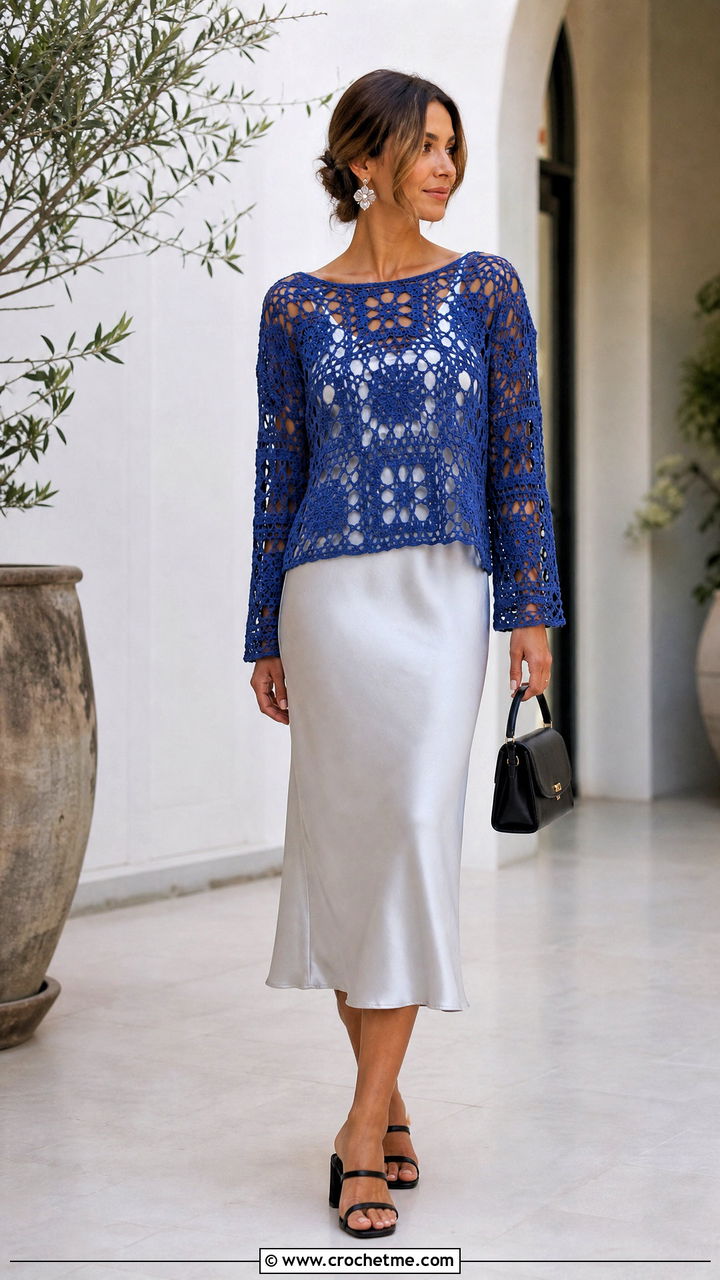 Mesh Granny Square Pullover With Slip Dress - 35 granny square pullover outfit ideas