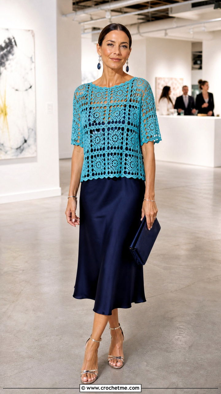 Mesh Granny Square Shirt Over Slip Dress - 35 granny square shirt outfit ideas
