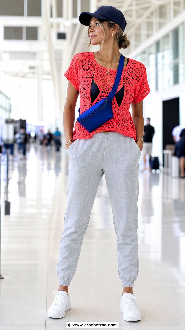 Mesh Granny Square Top With Sports Bra And Joggers - 35 crochet granny square top outfit ideas