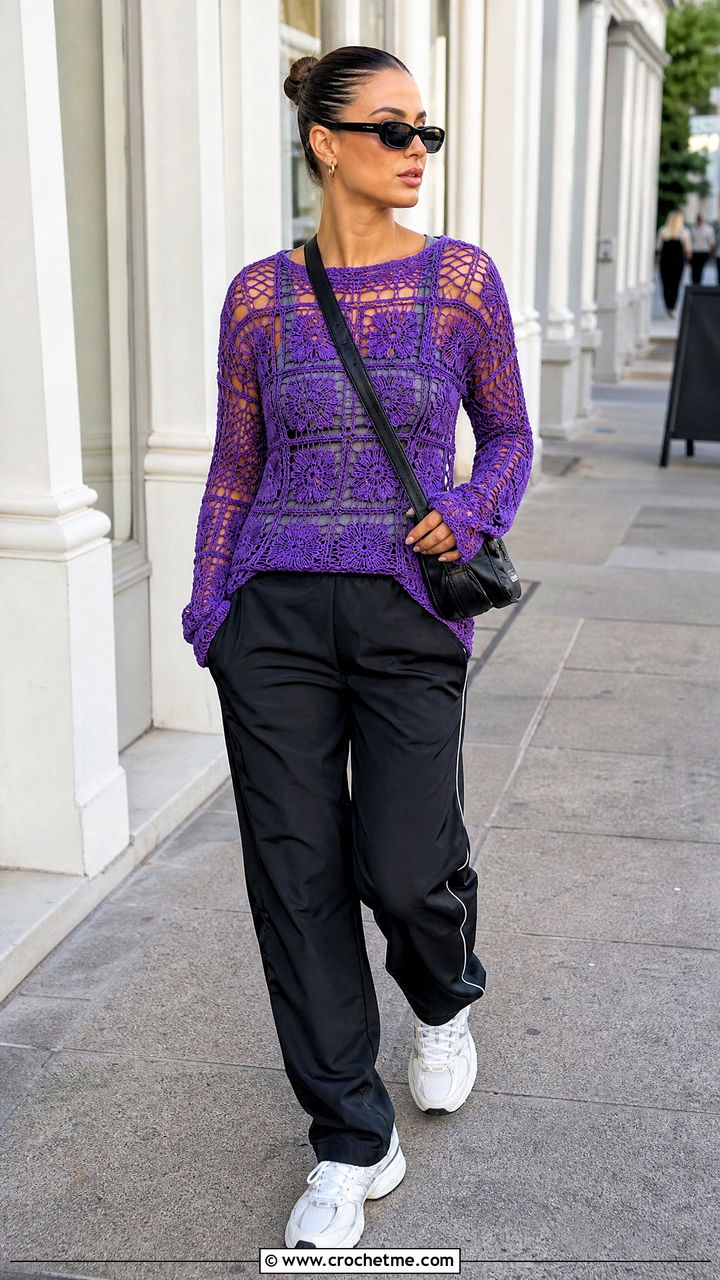 Mesh Granny Square Top With Track Pants - 35 crochet granny square tops outfit ideas