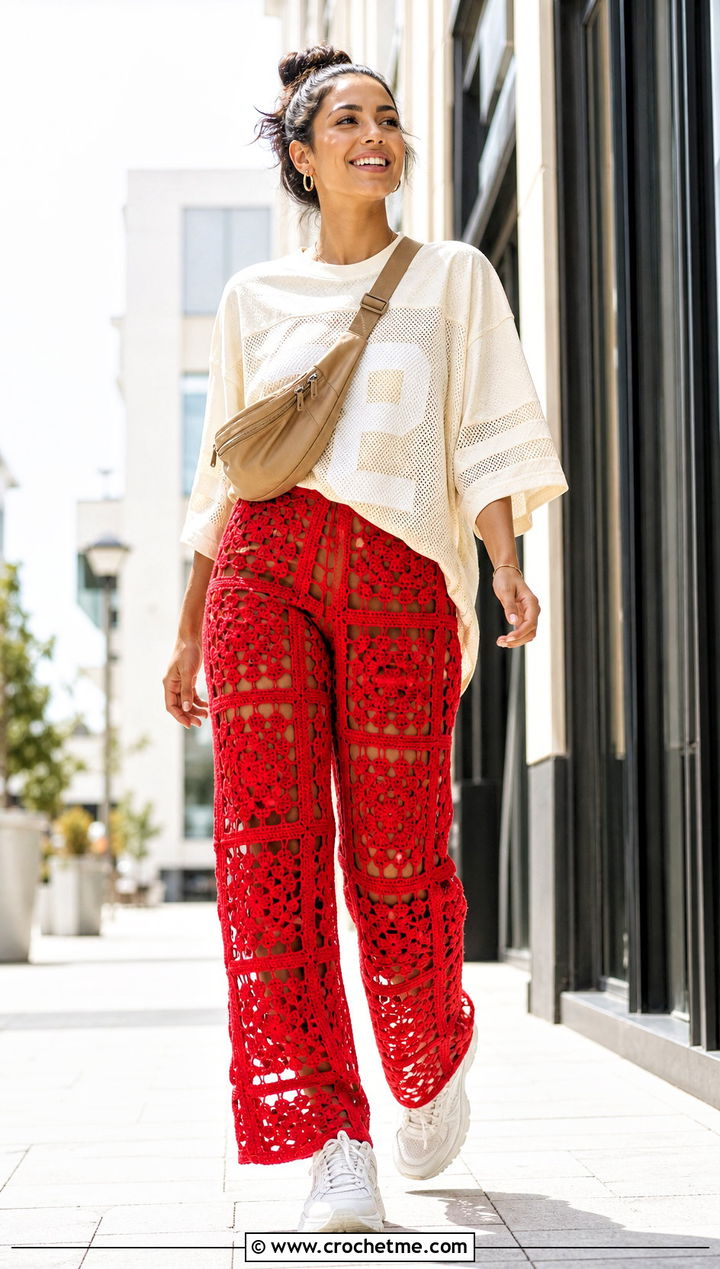 Mesh Granny Square Trousers With Sports Jersey - 35 granny square trousers outfit ideas