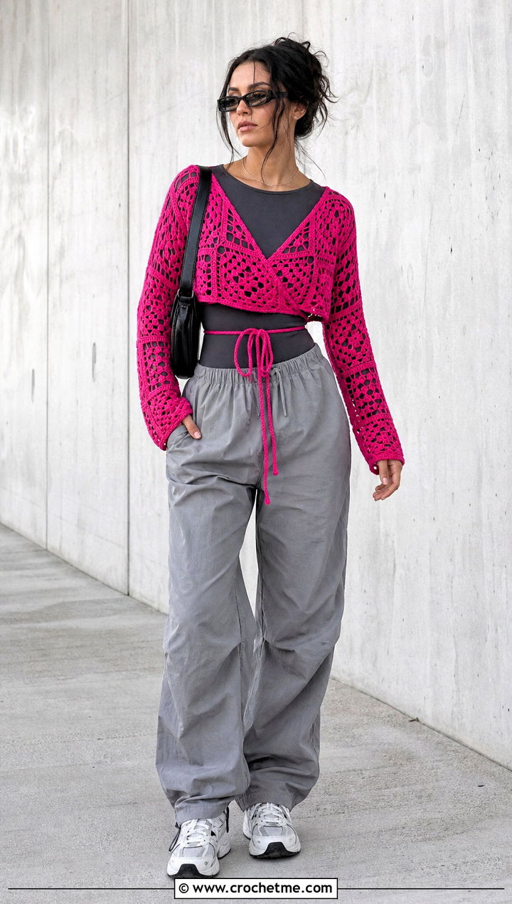 Mesh Granny Square Wrap Top With Parachute Pants - 35 granny square wrap top outfit ideas