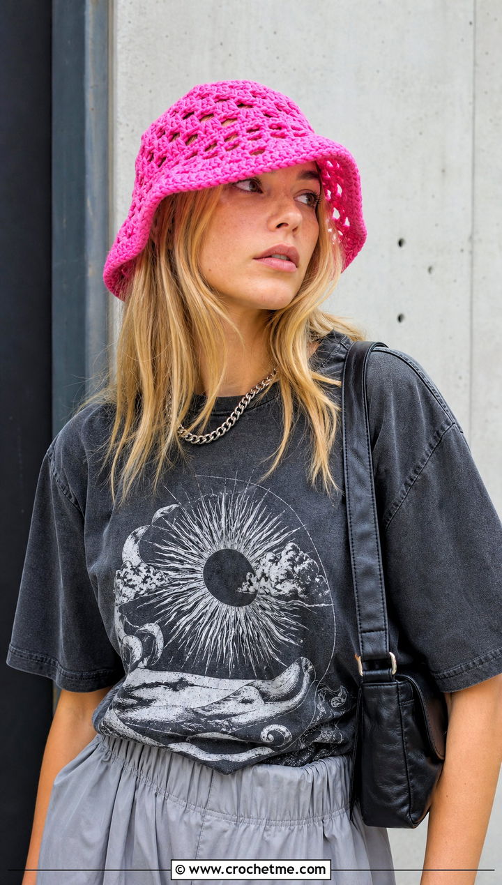 Mesh Granny Stitch Bucket Hat With Graphic Tee And Parachute Pants - 30 crochet granny stitch bucket hat outfit ideas