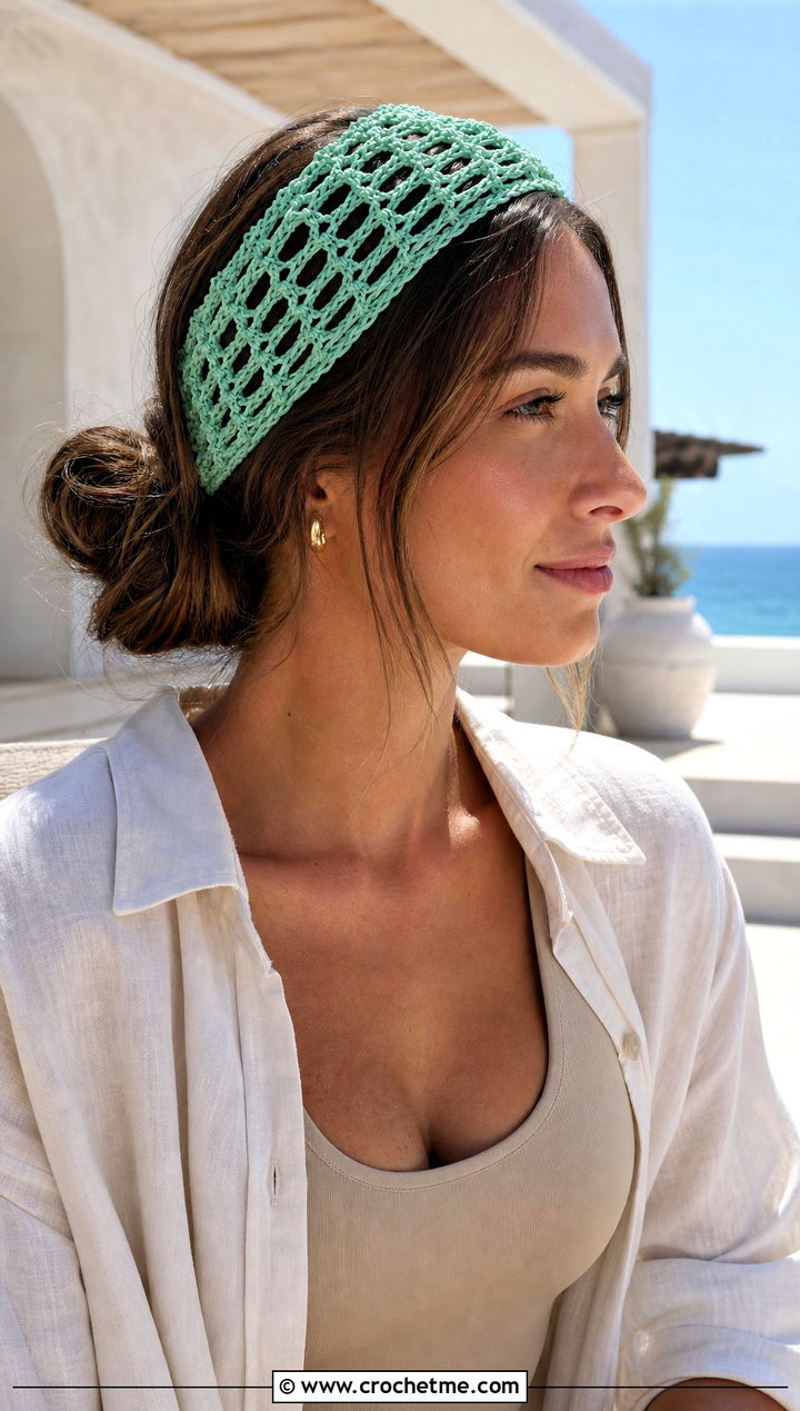 Mesh Green Crochet Headband With Linen Shirt And Shorts - 30 green crochet headband outfit ideas