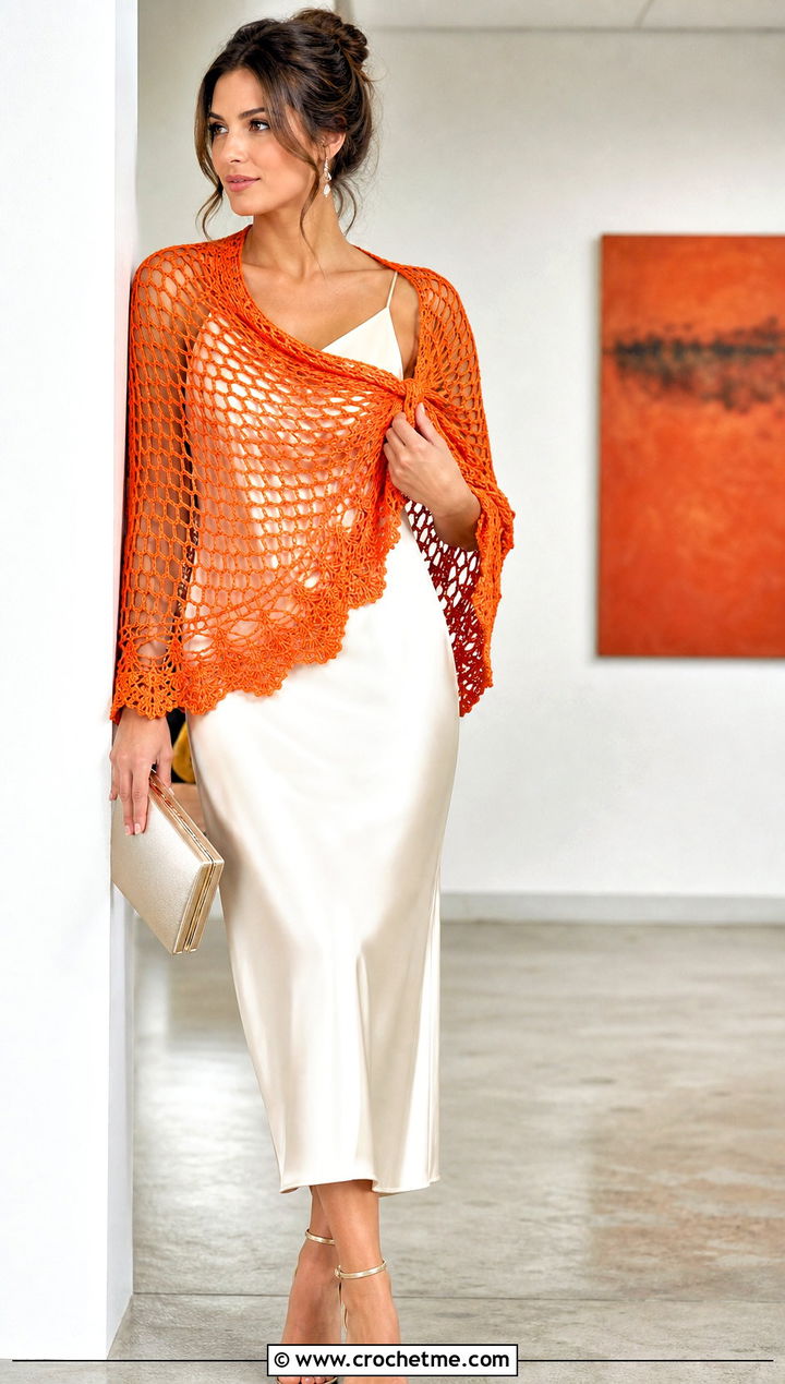 Mesh Half Moon Crochet Shawl With Satin Slip Dress - 25 Half Moon Crochet Shawl outfit ideas
