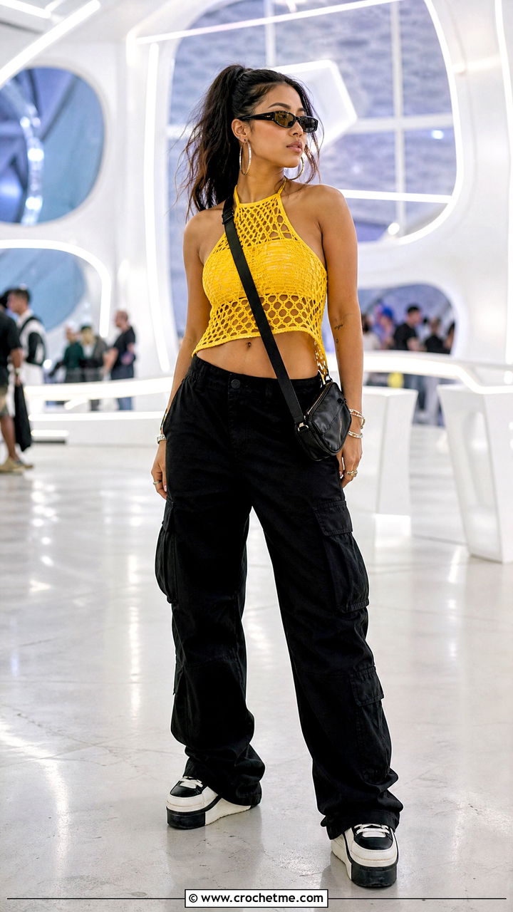 Mesh Halter Crochet Rave Top With Cargo Pants - 35 crochet rave top outfit ideas