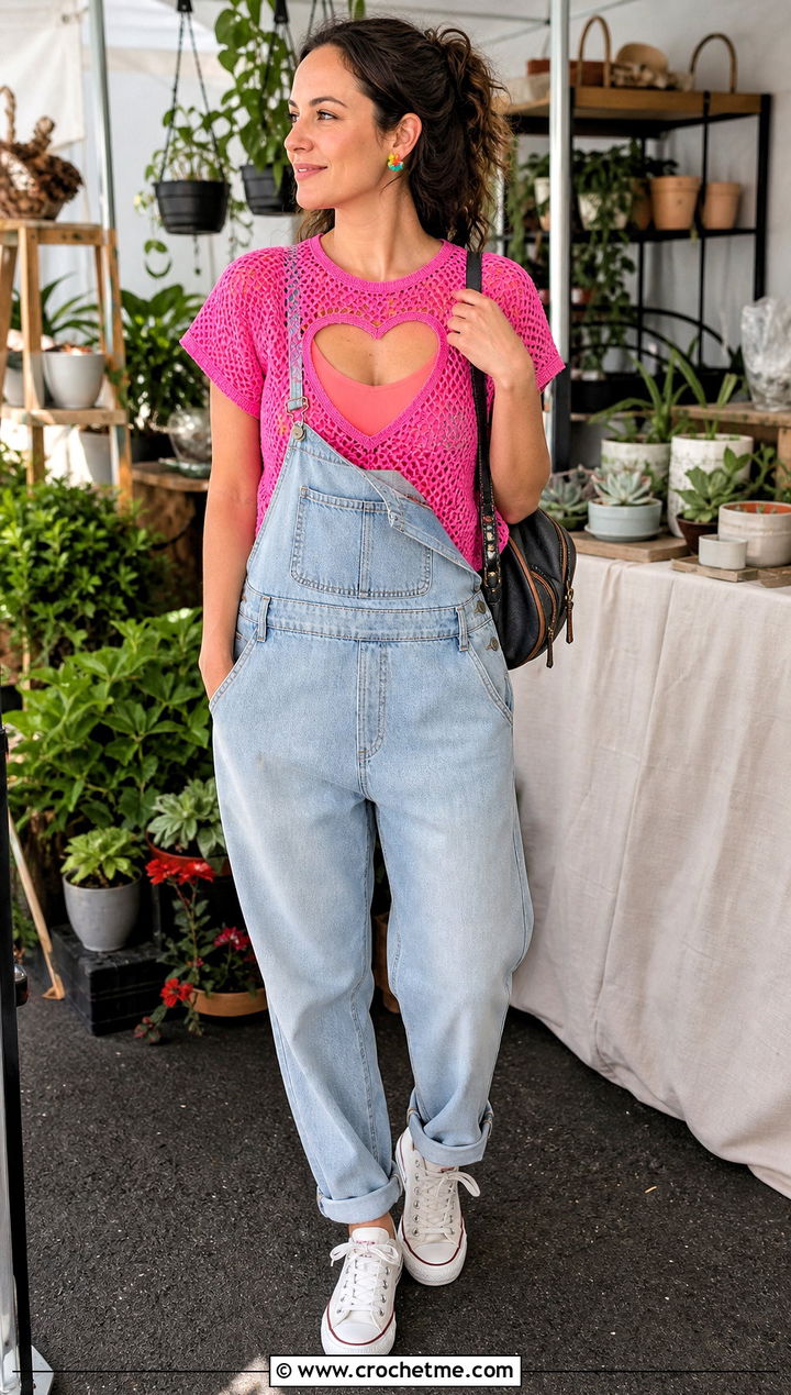 Mesh Heart Cutout Crochet Top With Denim Overalls - 30 heart cutout crochet top outfit ideas