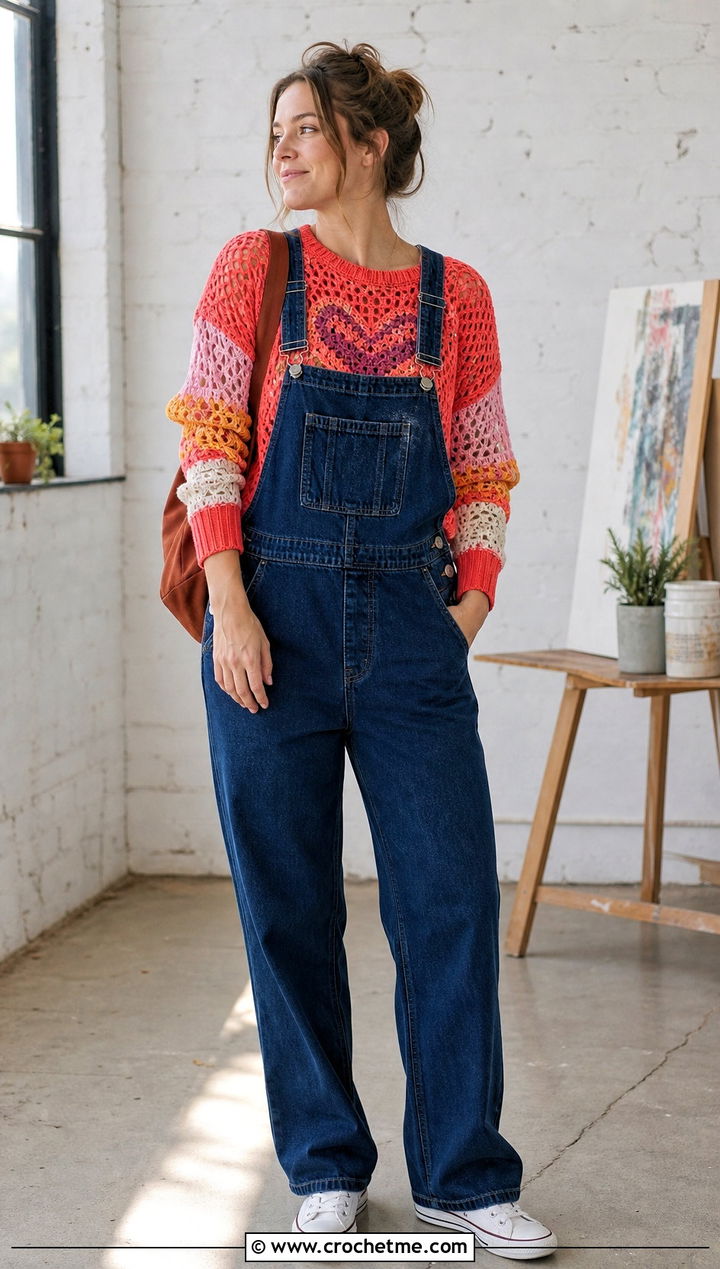 Mesh Heart Jumper With Denim Overalls - 30 crochet heart jumper outfit ideas
