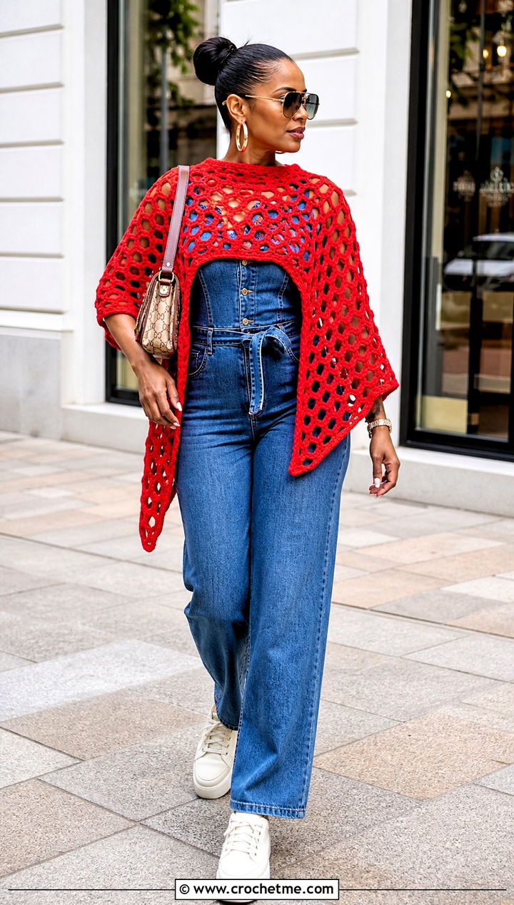 Mesh Hexagon Crochet Poncho With Denim Jumpsuit - 20 Hexagon Crochet Poncho outfit ideas