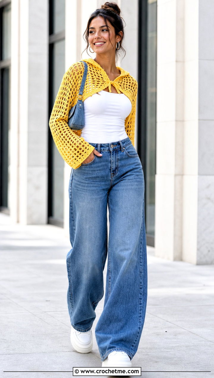 Mesh Hooded Crochet Bolero With Wide Leg Jeans - 25 hooded crochet bolero outfit ideas