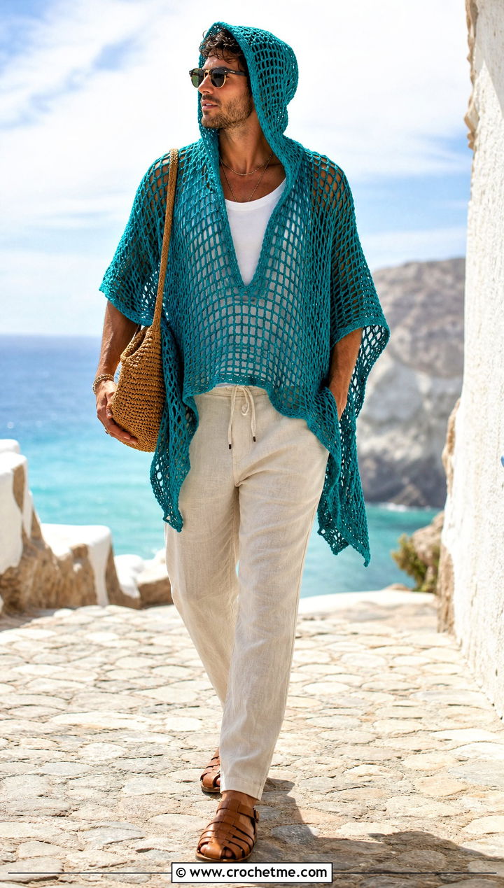 Mesh Hooded Crochet Poncho With Linen Pants - 15 mens hooded crochet poncho outfit ideas