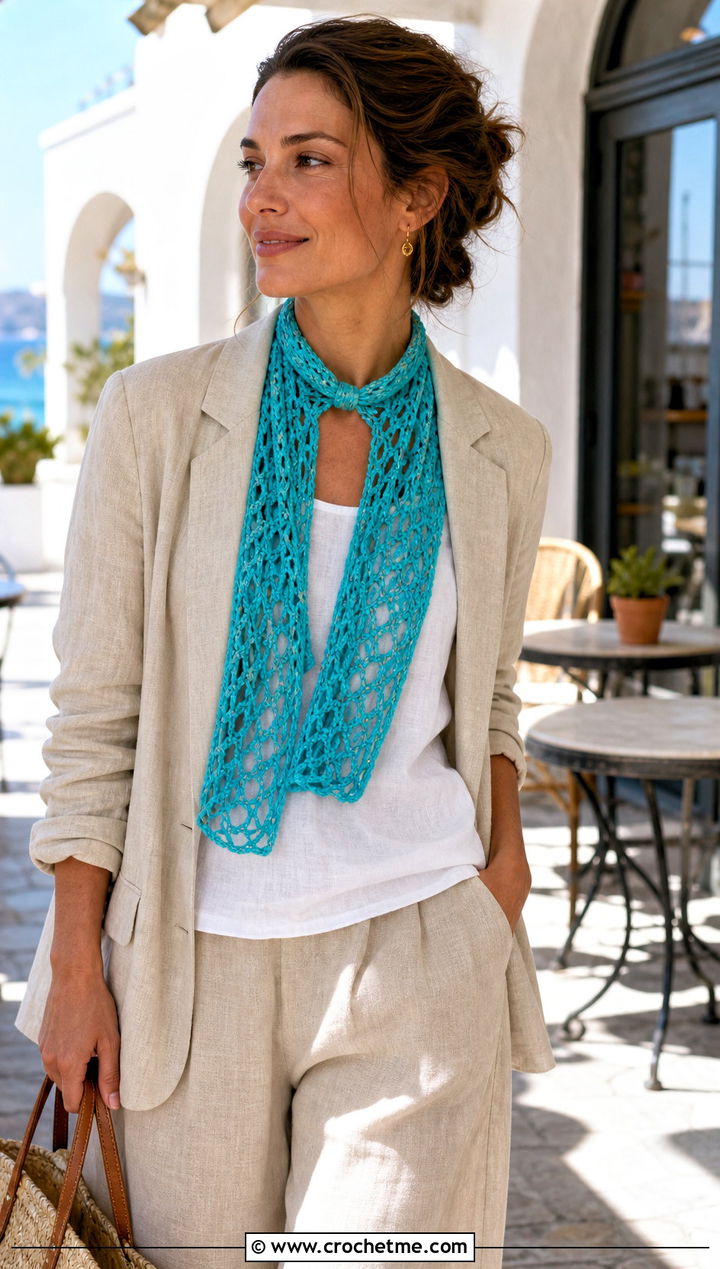 Mesh Keyhole Scarf With Linen Outfit - 15 Crocheted Keyhole Scarf outfit ideas