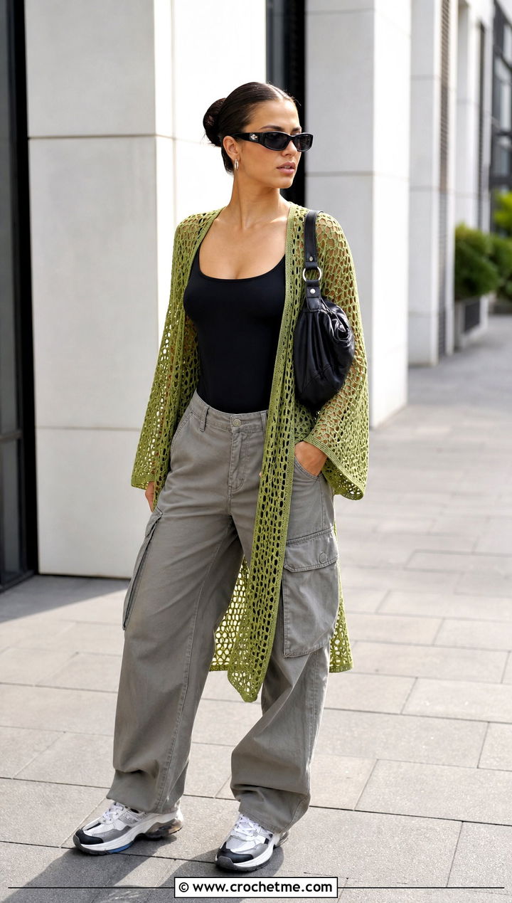 Mesh Kimono Cardigan With Cargo Pants - 25 kimono crochet cardigan outfit ideas