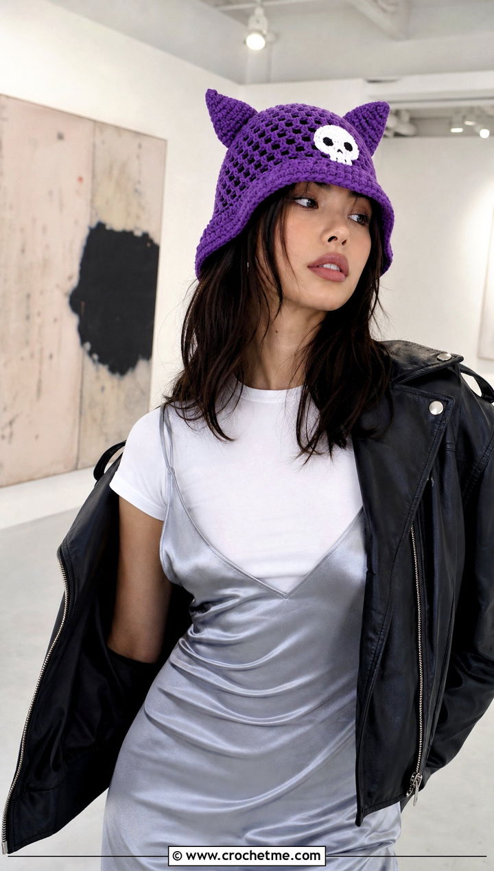 Mesh Kuromi Crochet Bucket Hat With Slip Dress - 15 Kuromi Crochet Bucket Hat outfit ideas
