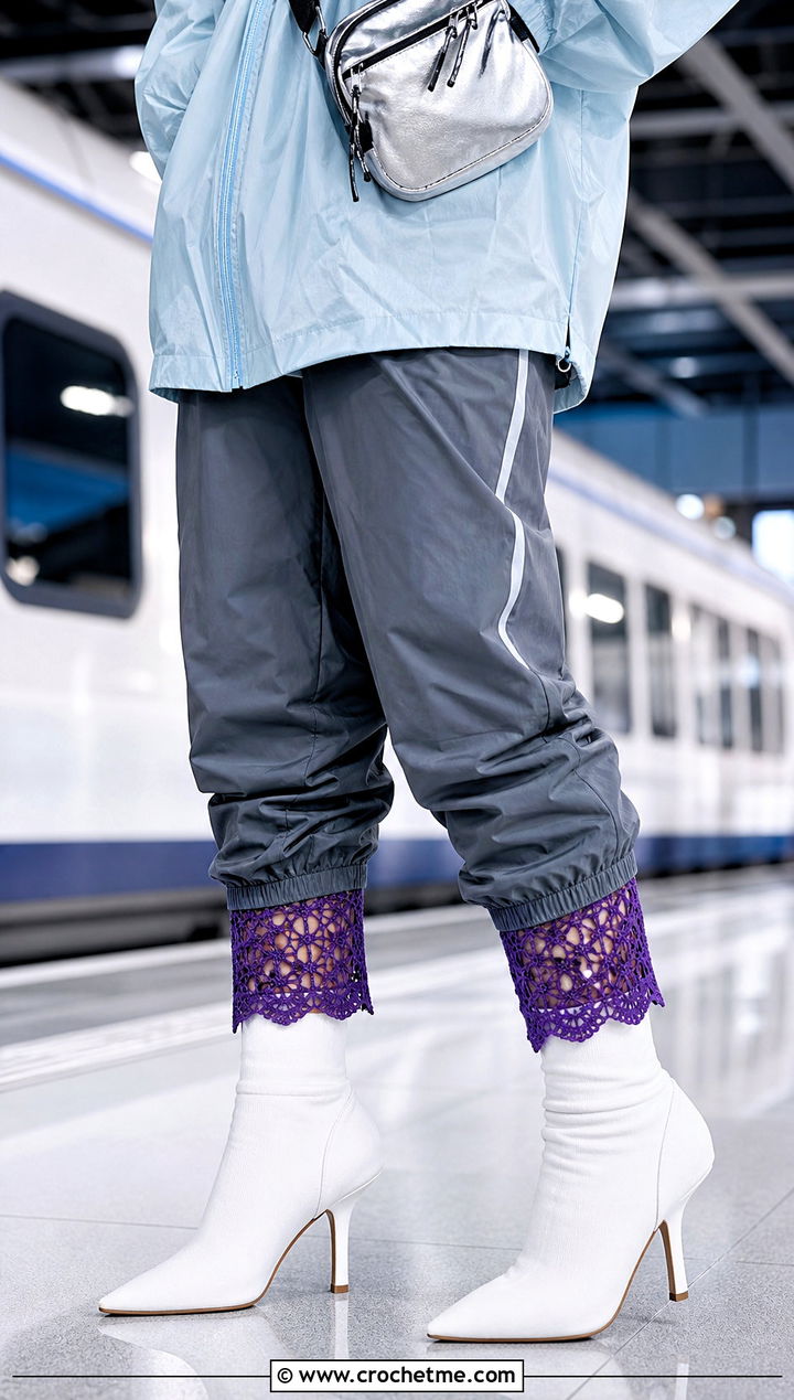 Mesh Lace Boot Cuffs With Track Pants And Sock Boots - 15 Crochet Lace Boot Cuffs outfit ideas