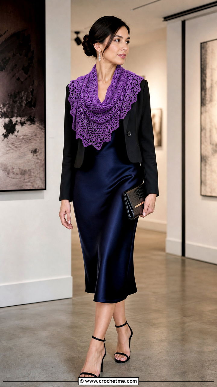 Mesh Lace Crochet Cowl Scarf With Slip Dress - 35 crochet cowell scarf outfit ideas