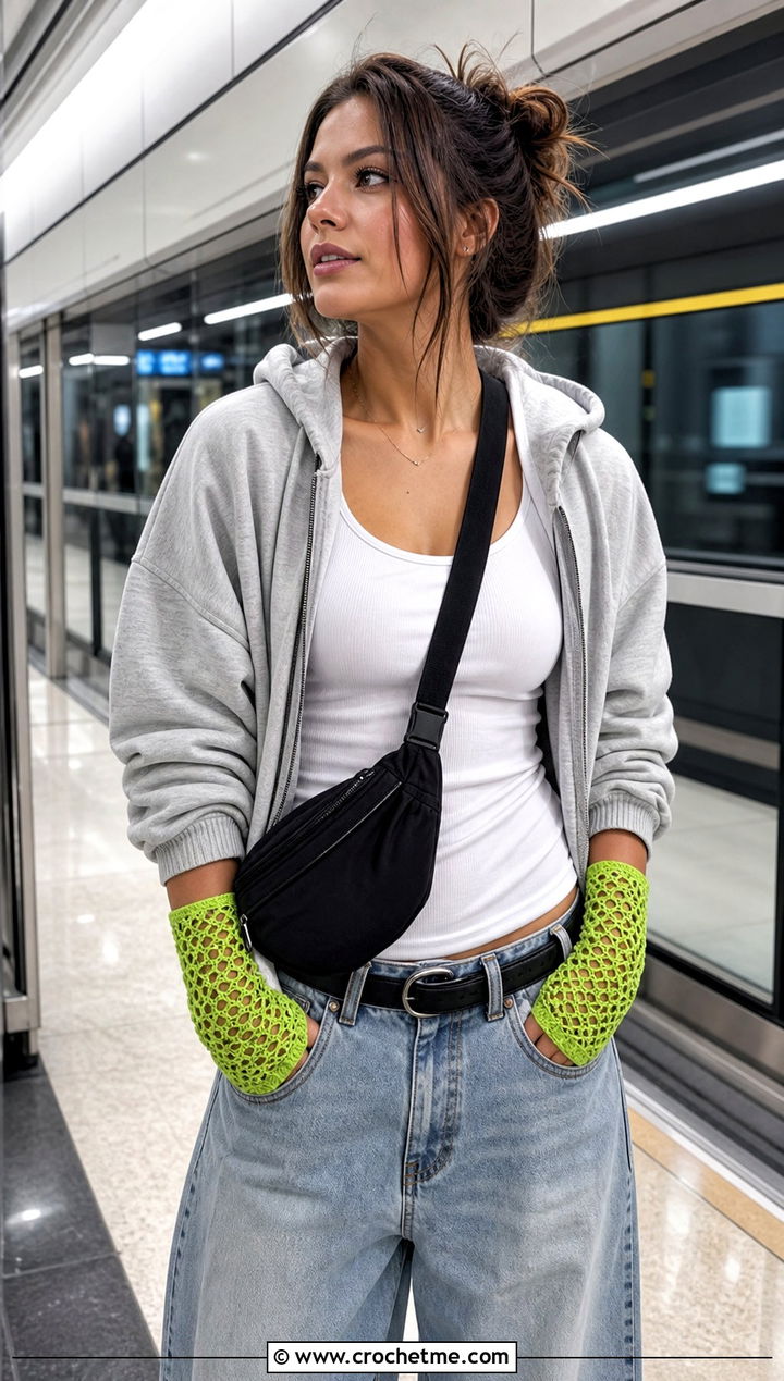 Mesh Lace Crochet Fingerless Gloves With Hoodie And Wide Leg Jeans - 25 Lace Crochet Fingerless Gloves outfit ideas