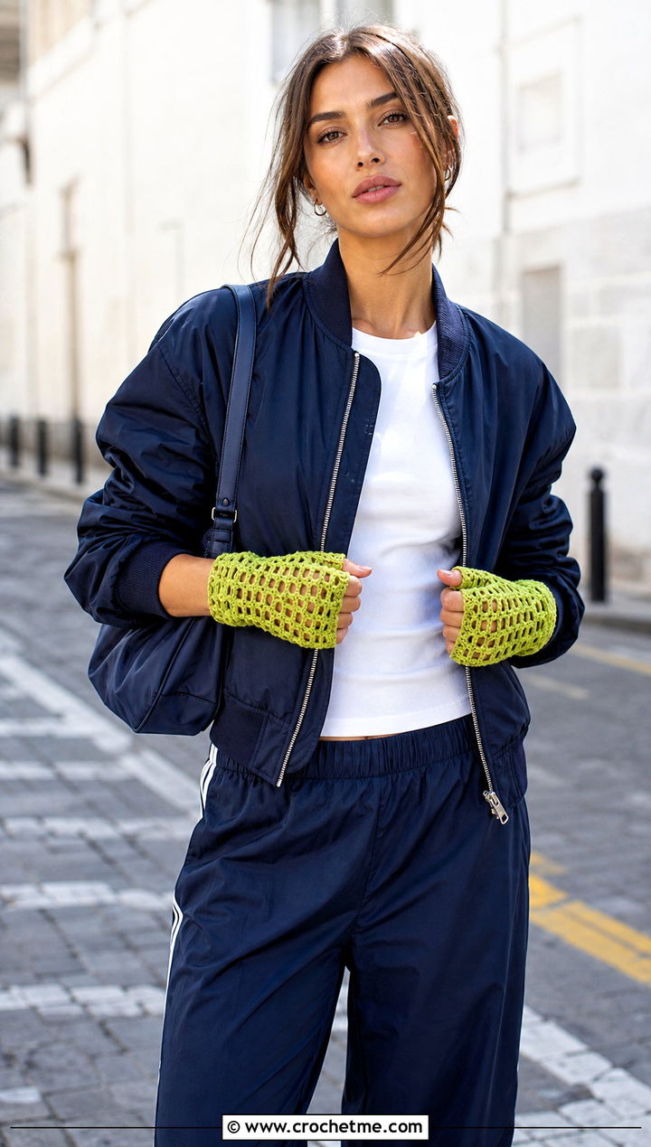 Mesh Lace Crochet Gloves With Bomber Jacket And Track Pants - 15 Vintage Lace Crochet Gloves outfit ideas