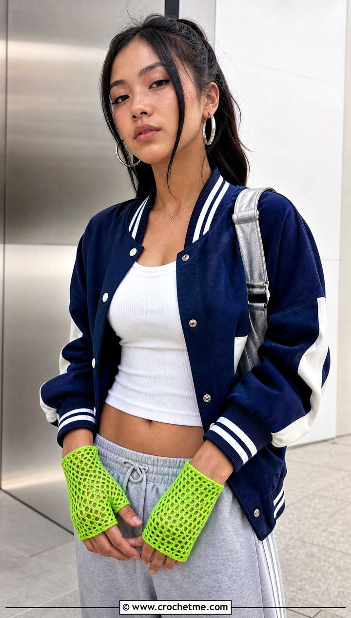 Mesh Lace Crochet Gloves With Varsity Jacket - 25 lace crochet gloves outfit ideas