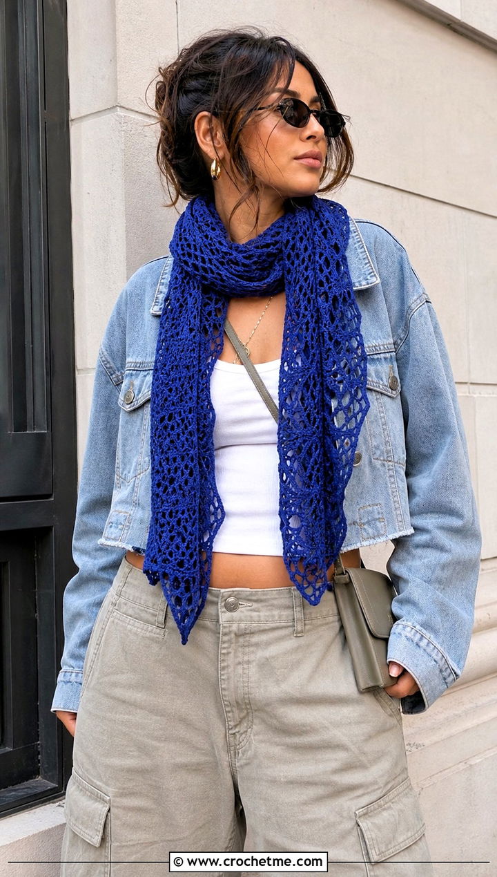Mesh Lace Crochet Scarf With Denim Jacket And Cargo Pants - 15 Easy Lace Crochet Scarf outfit ideas