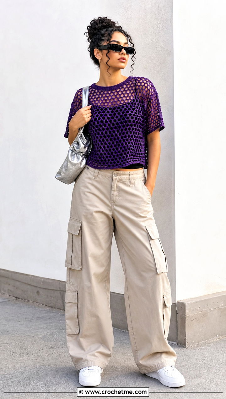 Mesh Lace Crochet Tee With Cargo Pants - 15 summer lace crochet tee outfit ideas