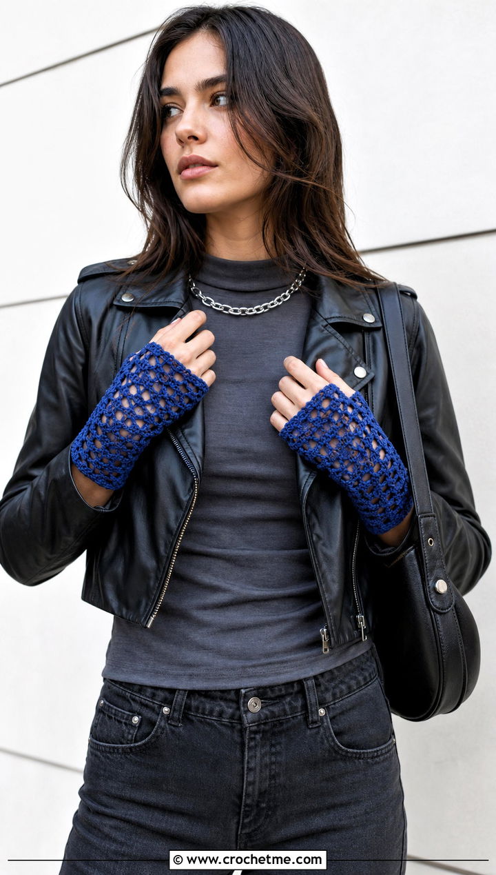 Mesh Lace Hand Warmers With Leather Jacket - 20 Crochet Lace Hand Warmers outfit ideas