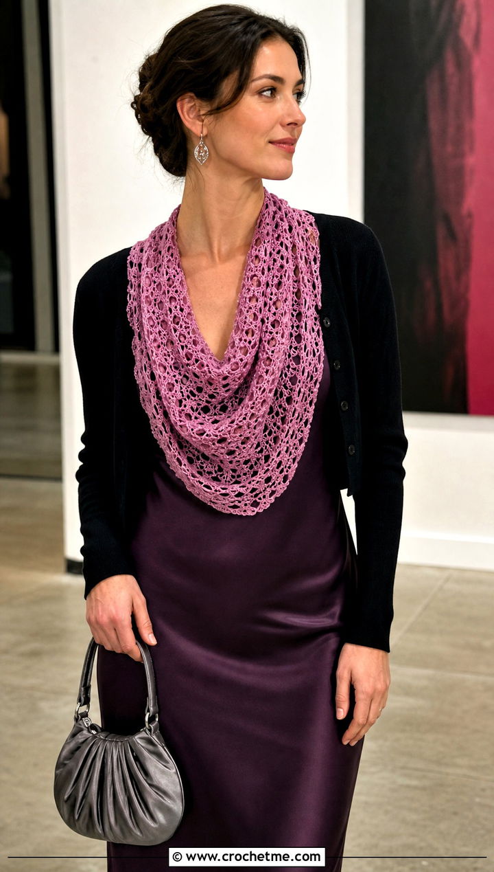 Mesh Lace Pink Crochet Cowl With Slip Dress - 15 pink crochet cowl outfit ideas