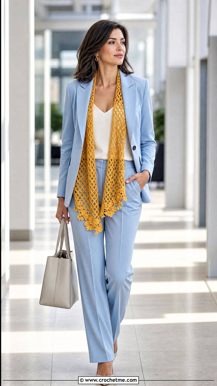 Mesh Lacy Crochet Shawl With Monochrome Suit - 35 lacy crochet shawl outfit ideas