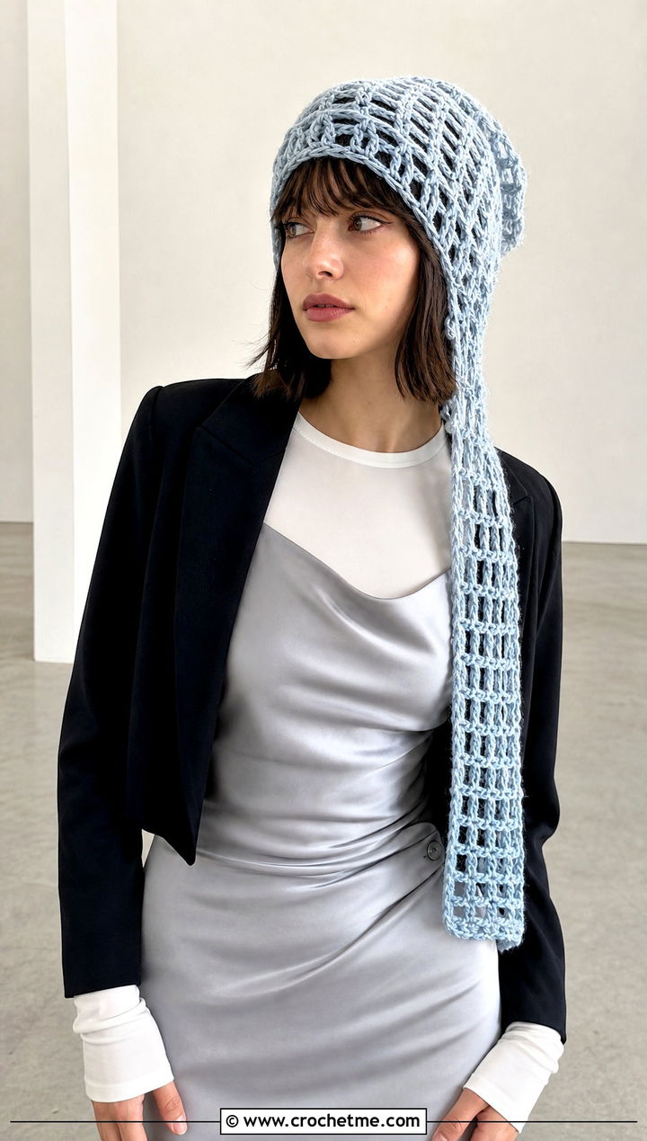 Mesh Long Crochet Hat With Slip Dress - 30 crochet long hat outfit ideas
