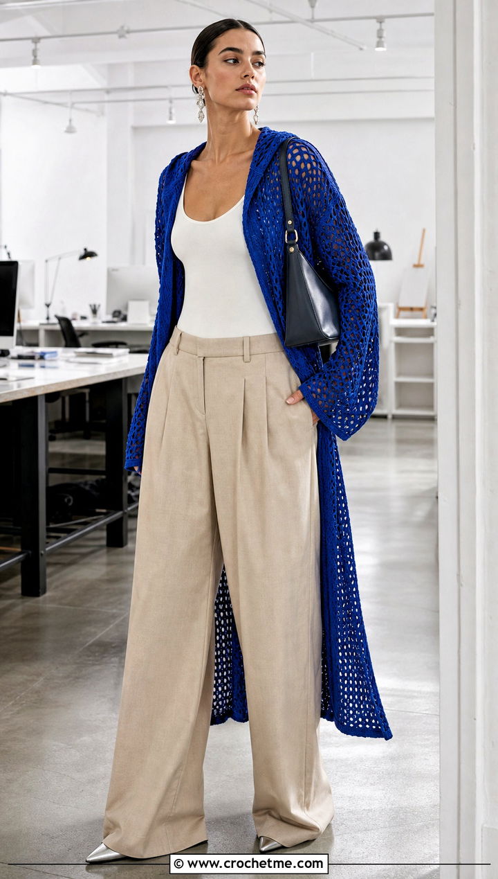 Mesh Long Hooded Cardigan With Wide Leg Trousers - 25 crochet long hooded cardigan outfit ideas