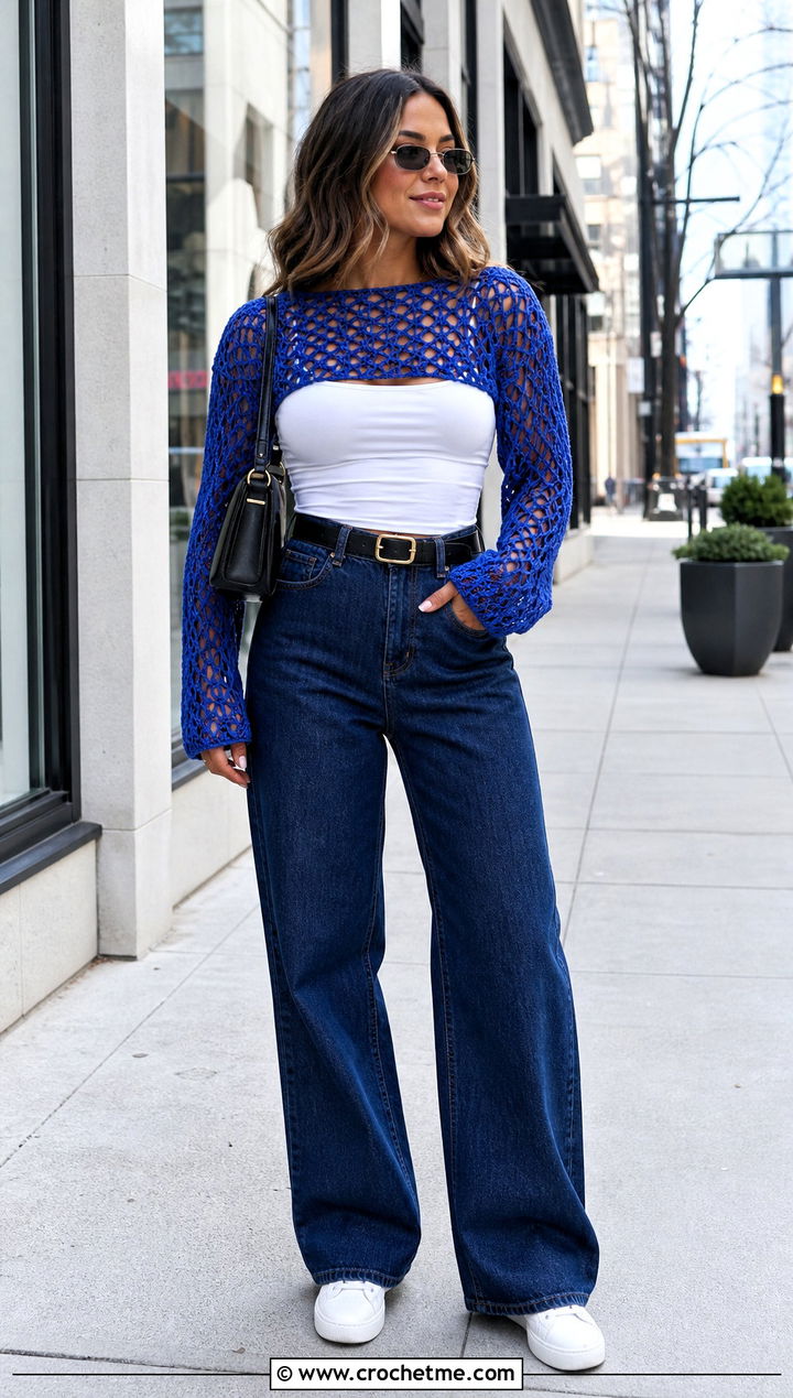 Mesh Long Sleeve Crochet Cover Up Top With Wide Leg Jeans - 15 crochet cover up top ideas
