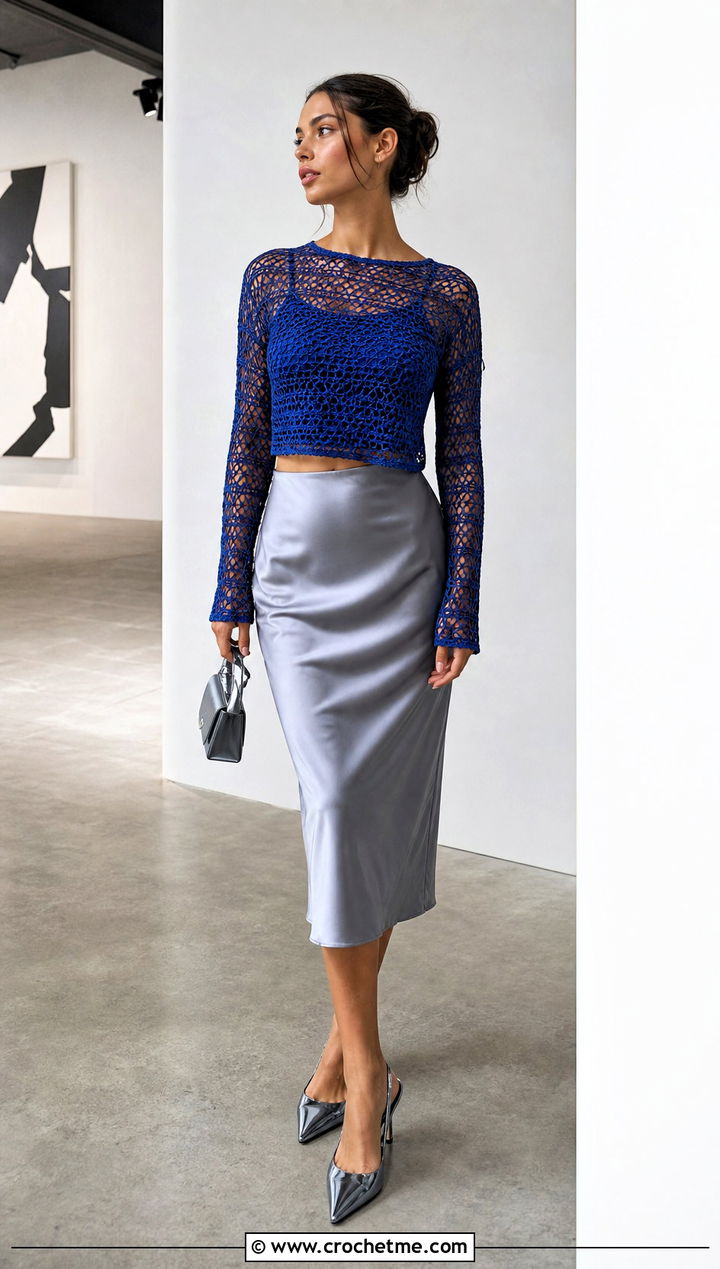 Mesh Long Sleeve Crochet Crop Top With Satin Midi Skirt - 35 crochet tops with sleeves outfit ideas