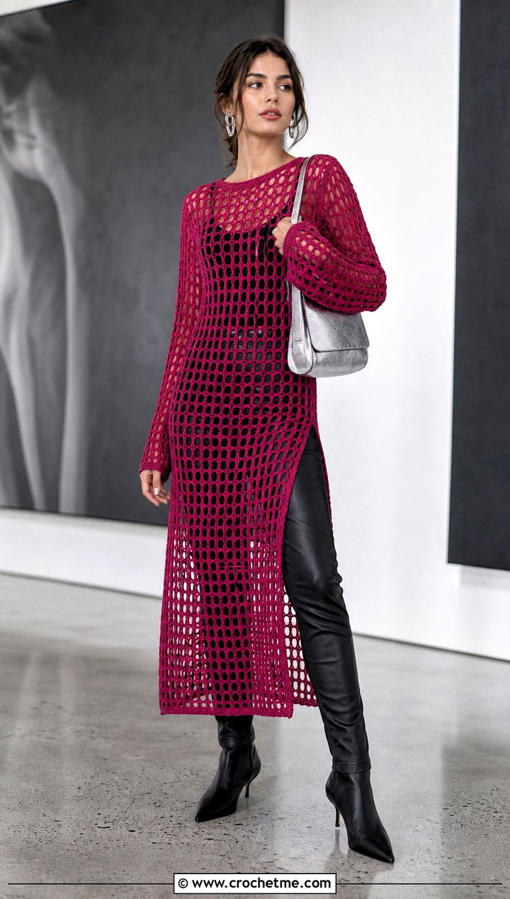 Mesh Long Sleeve Crochet Sweater Dress With Leather Pants - 25 long sleeve crochet sweater dress outfit ideas